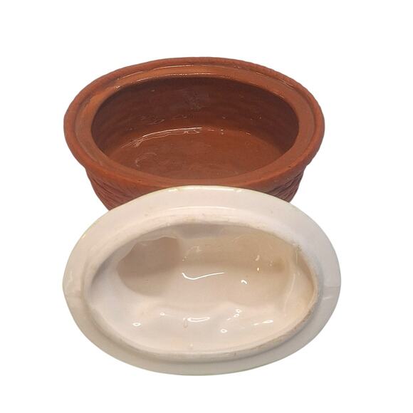 Oval Basket Weave Ceramic Pig Lid Nesting Trinket Box Vintage Hand Painted 5x5x4 - Picture 3 of 7